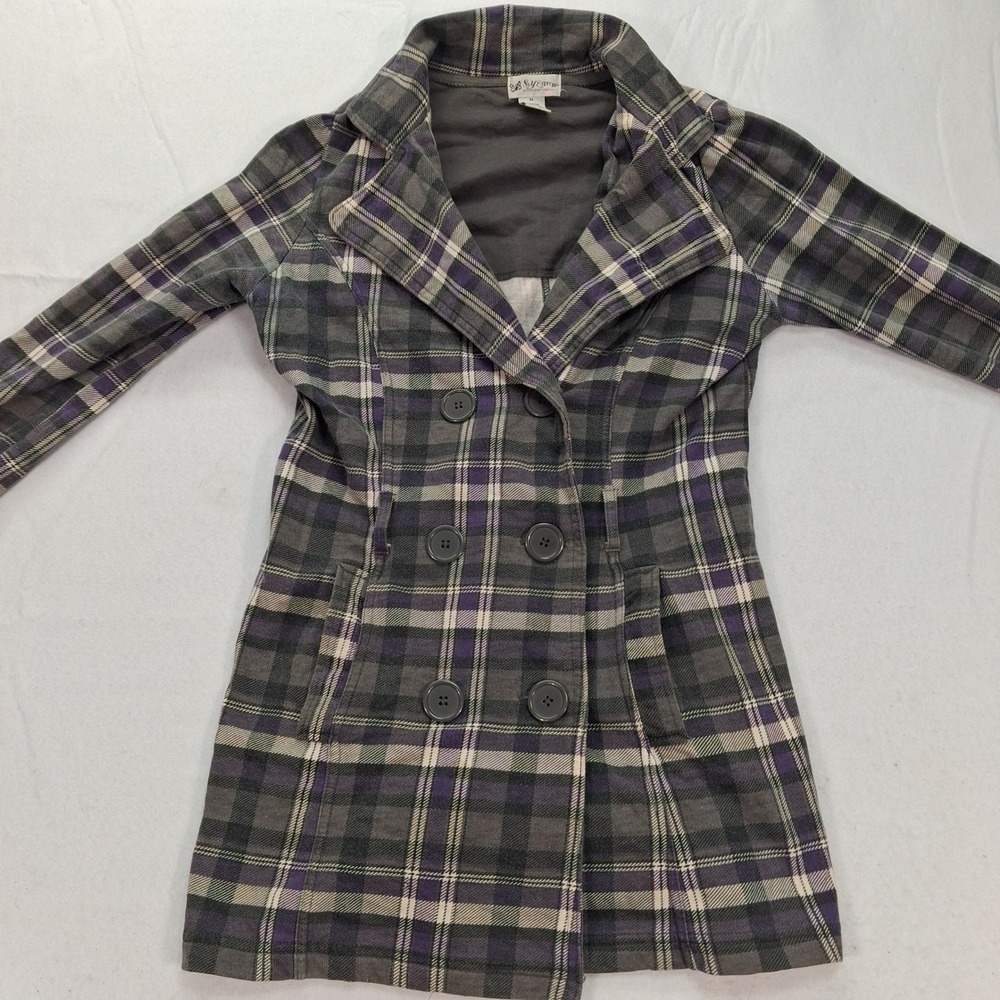 Self Esteem Jacket Womens M Pea Coat Grey Purple Plaid Double Breasted EUC